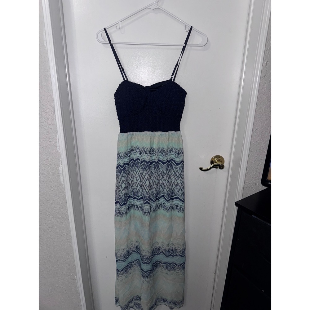 Trillium Navy Blue Lace Geometric Print Back Cutout Maxi Dress Small